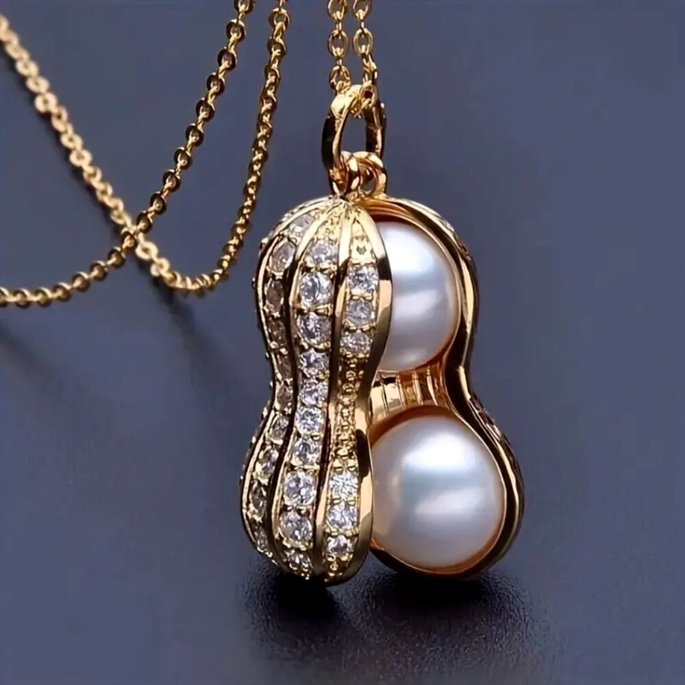 Gorgeous Goldtone Dangle Pearl With Inlaid Zircon • Peanut Pendant Necklace